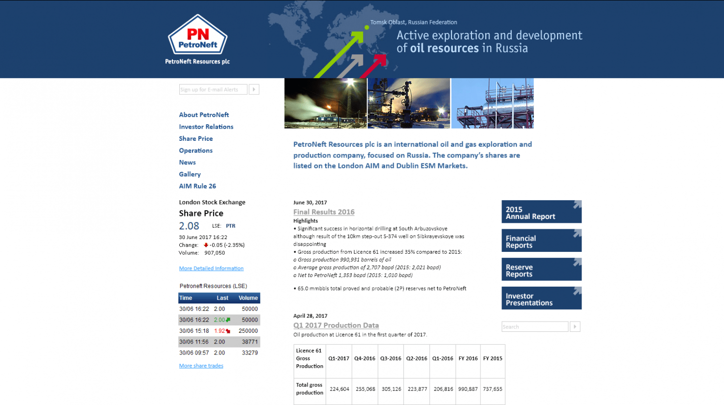 Projects's homepage big screenshot «PetroNeft Resources Plc»